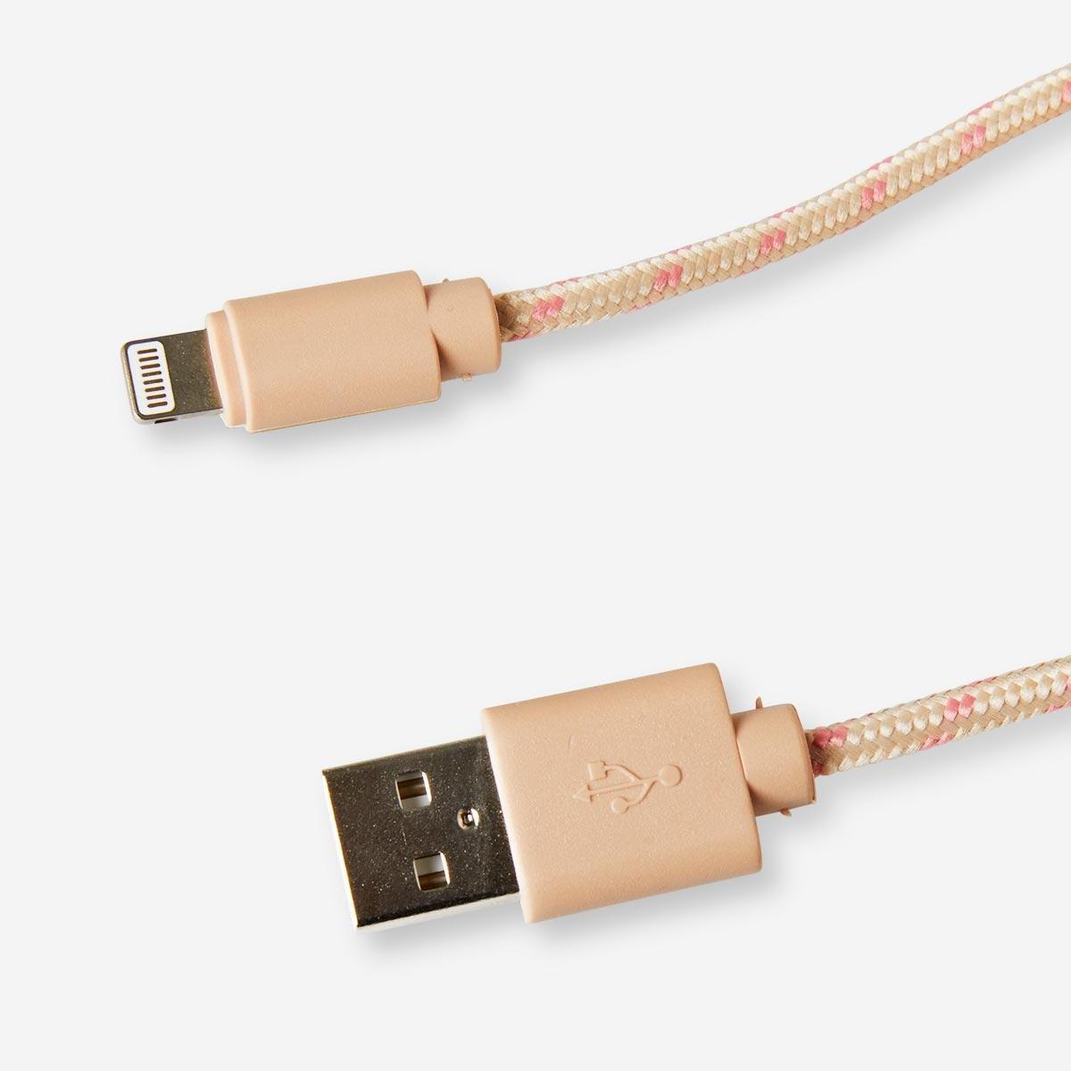 Beige iPhone charging cable.