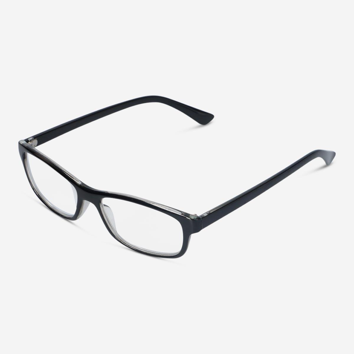 Black reading glasses. + 3.0