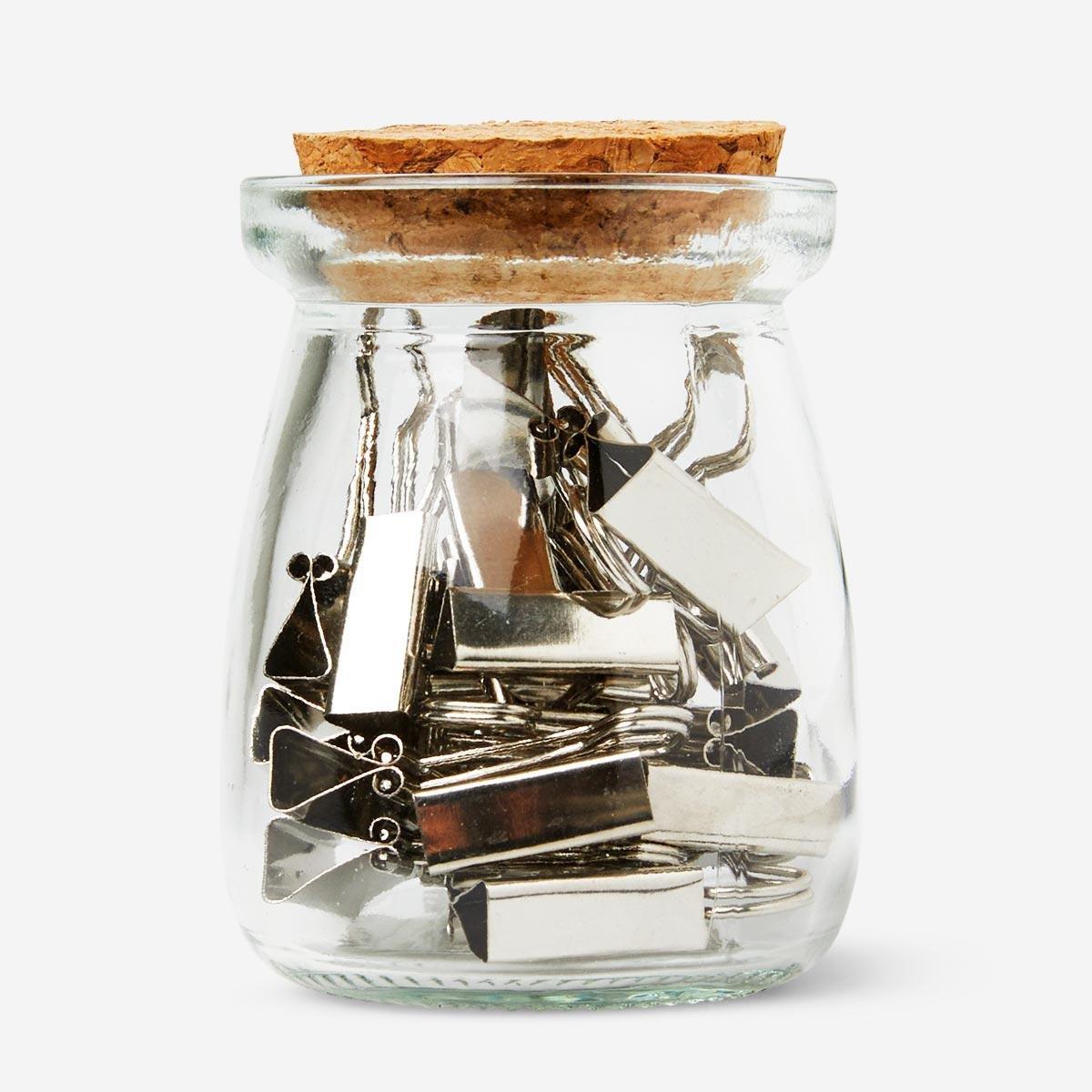 Silver Office clips in glass jar