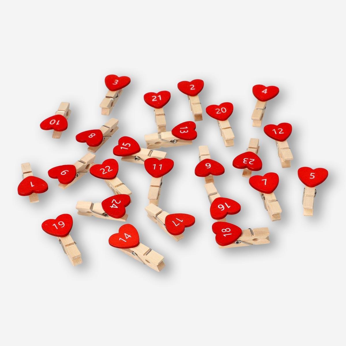 Red Clothes Pegs With Hearts And Numbers - 24 Pcs