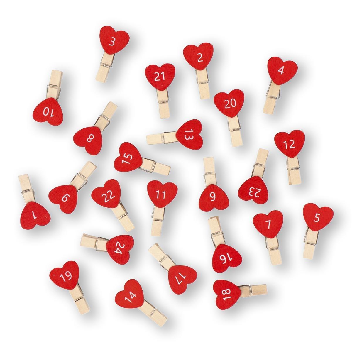 Red Clothes Pegs With Hearts And Numbers - 24 Pcs