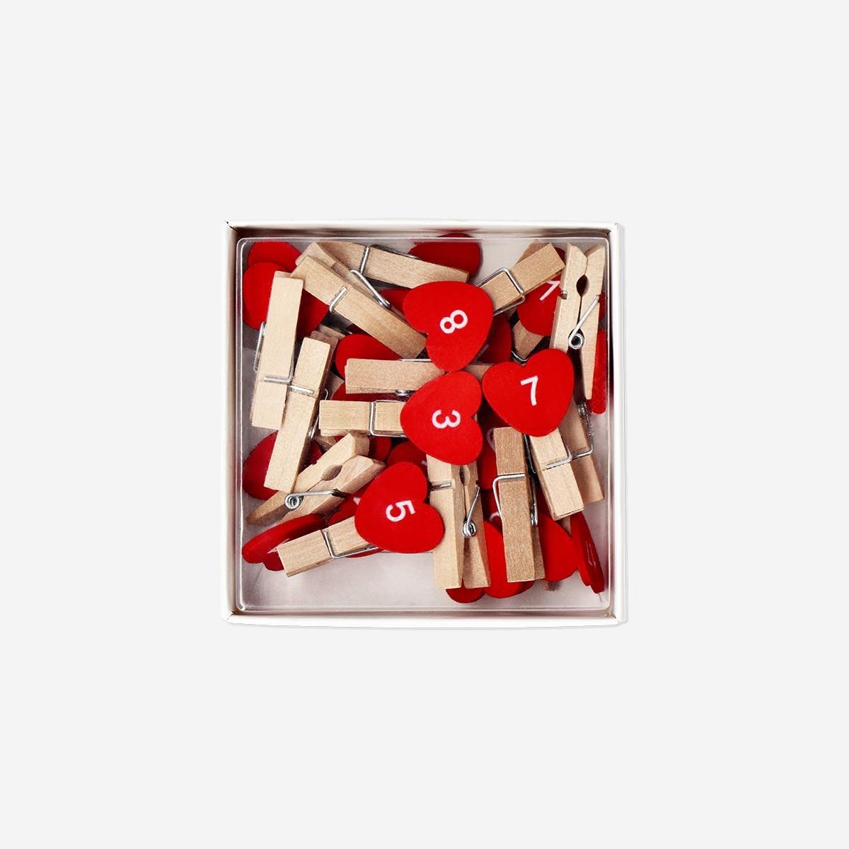 Red Clothes Pegs With Hearts And Numbers - 24 Pcs