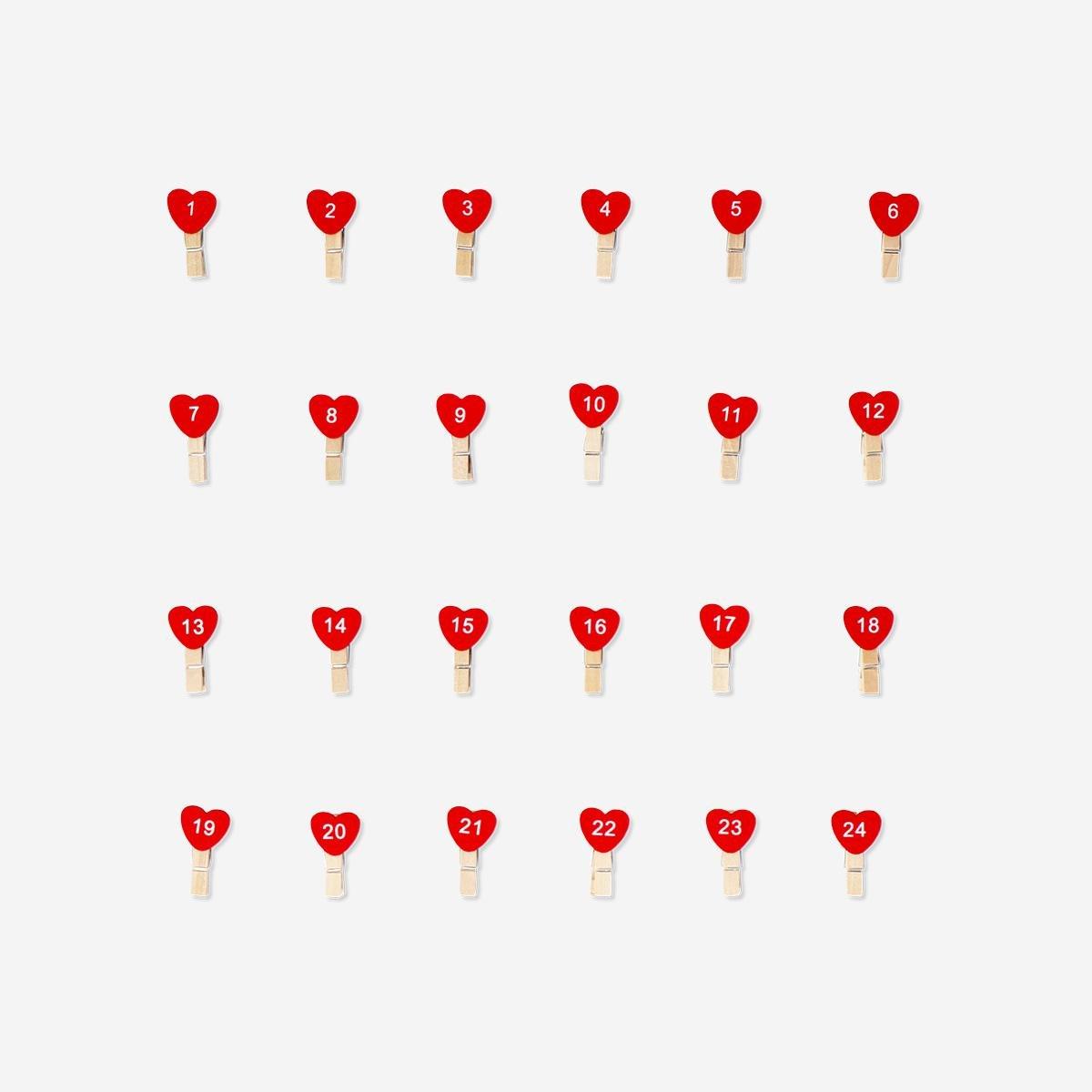 Red Clothes Pegs With Hearts And Numbers - 24 Pcs