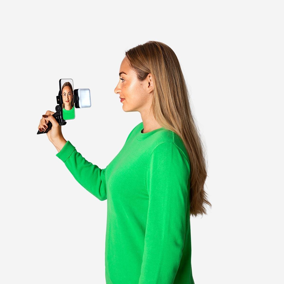 Black selfie light. with phone holder and multiple light settings