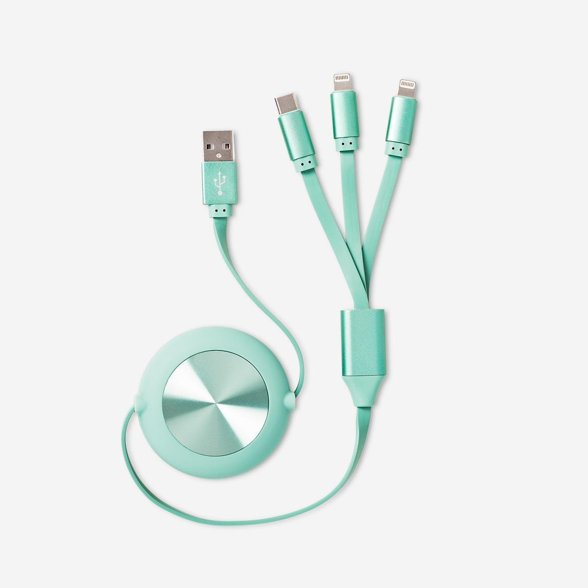 GREEN      Retractable charging cable. Charge 3 units at once