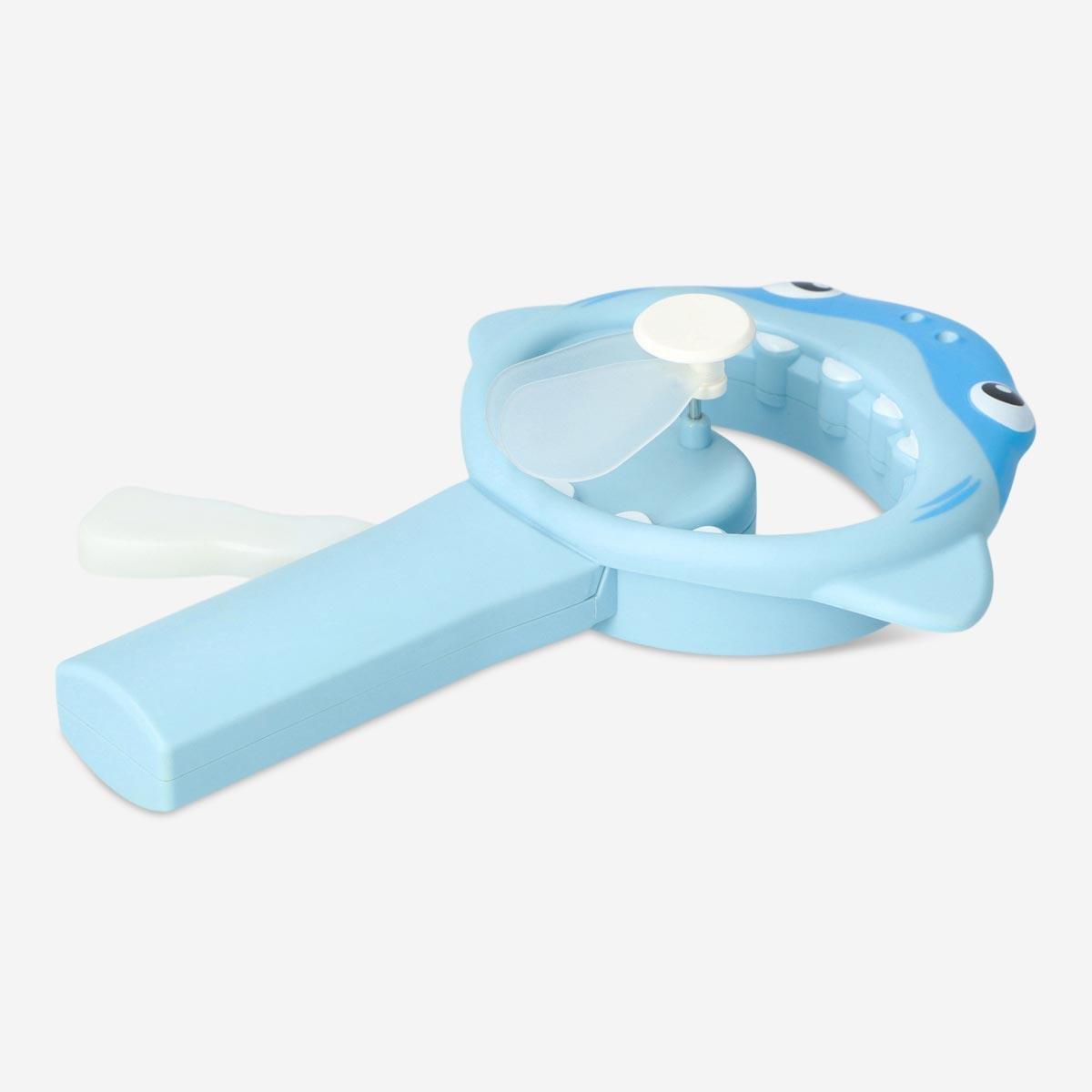 Blue hand-held fan