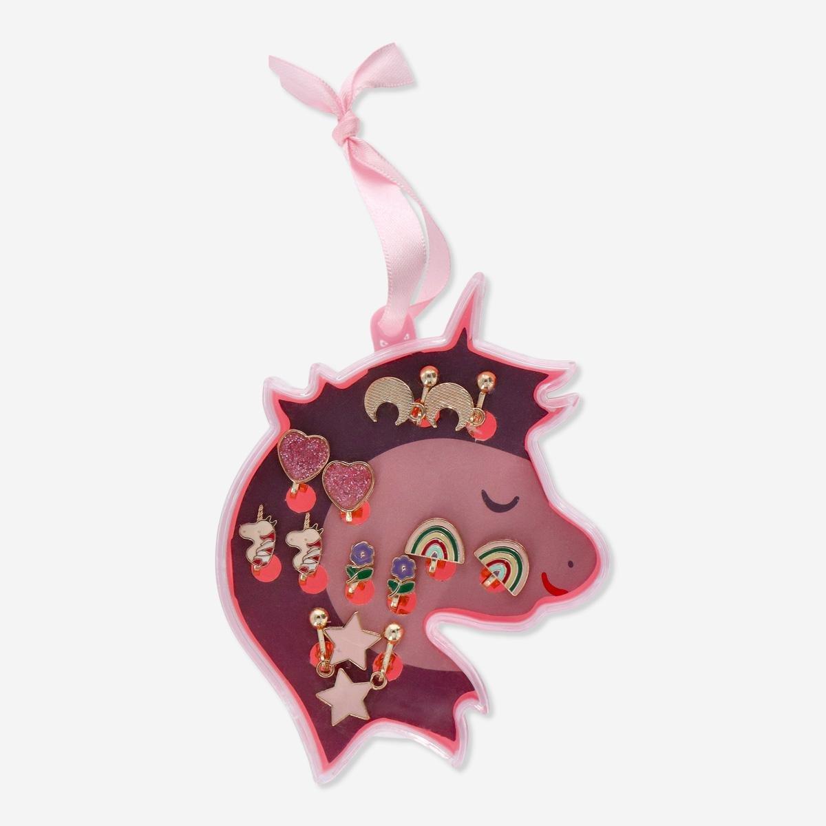 Pink unicorn clip-on earrings. 6 pairs