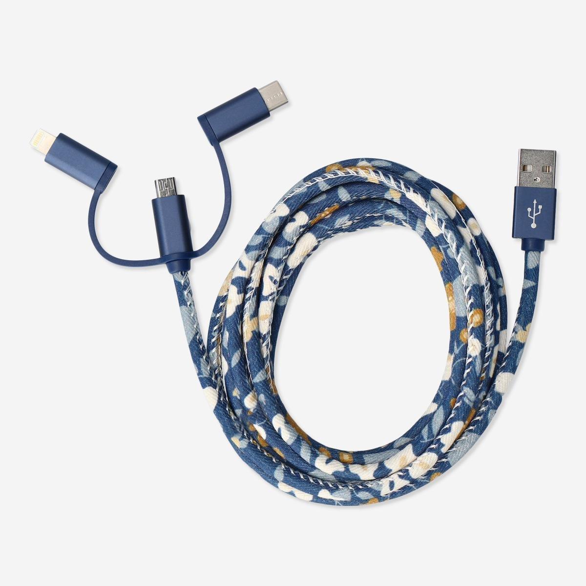 Blue Charging cable. For USB-C, Micro USB and lightning