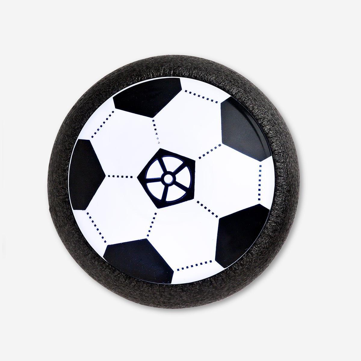 Black floating soccer ball.
