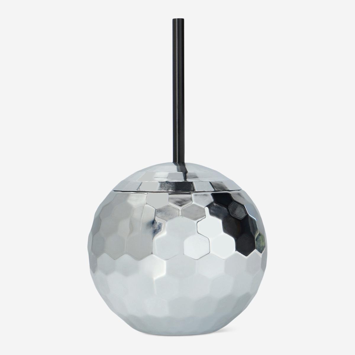 Silver disco ball cup with straw