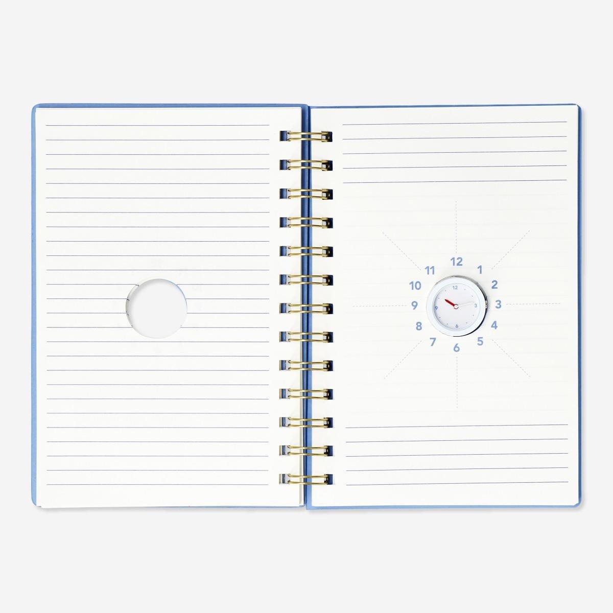 Blue notebook. With detachable clock