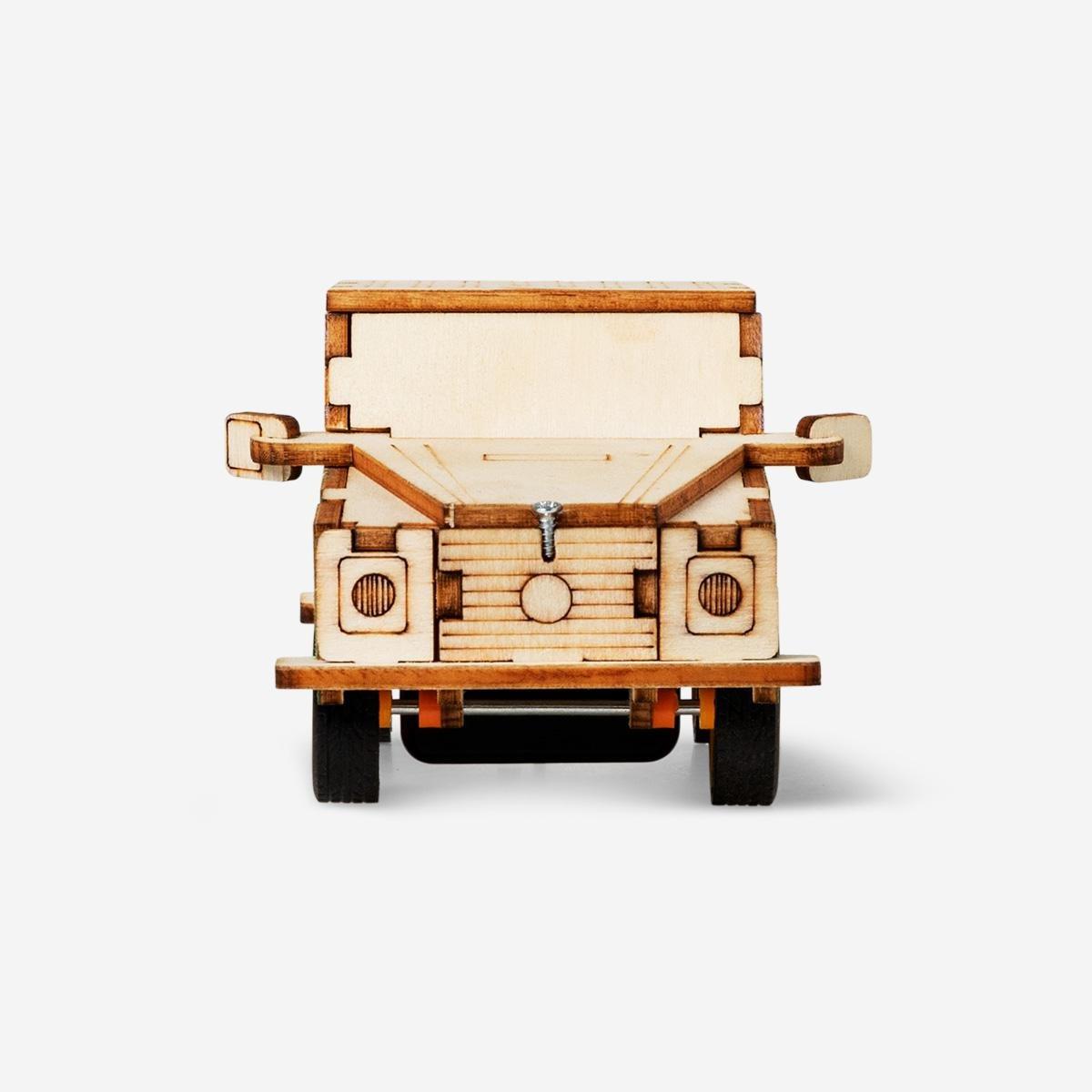 Wooden paint-your-own car. drives when you clap