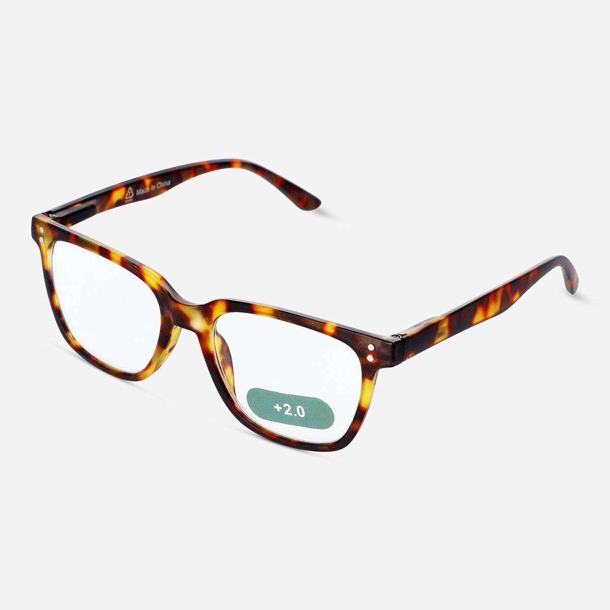 Brown reading glasses. +2