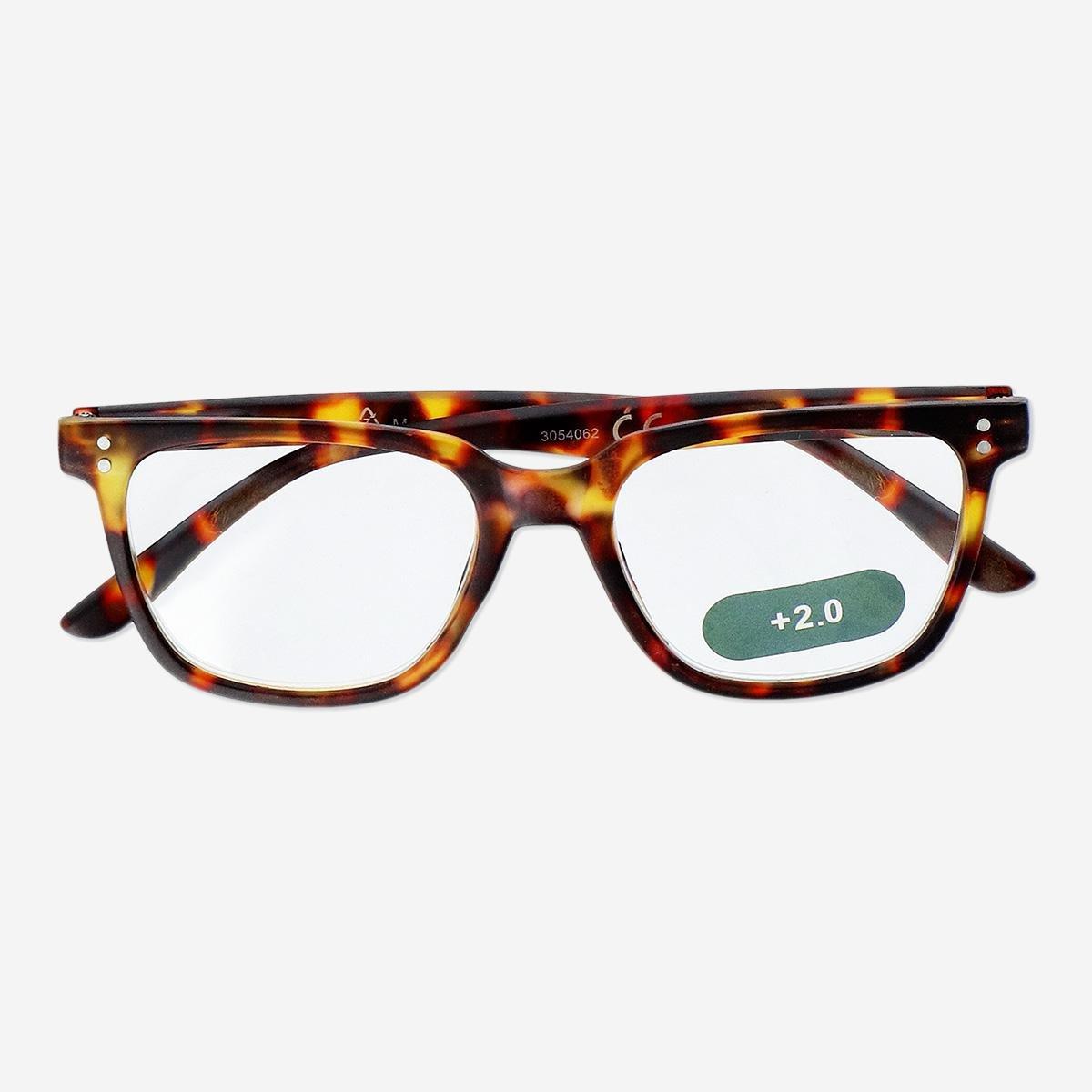 Brown reading glasses. +2