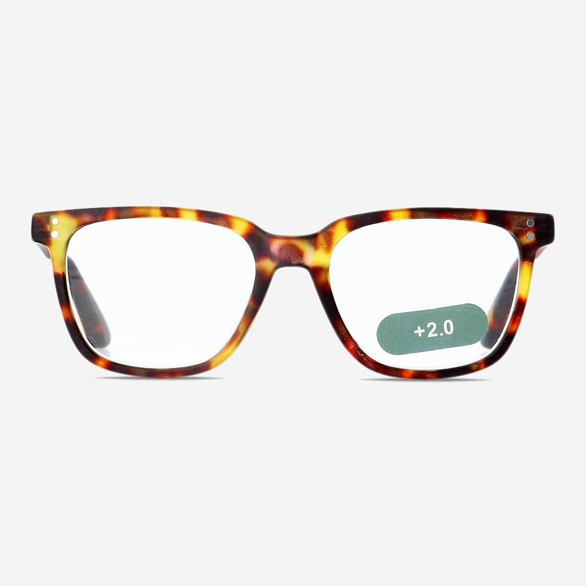 Brown reading glasses. +2