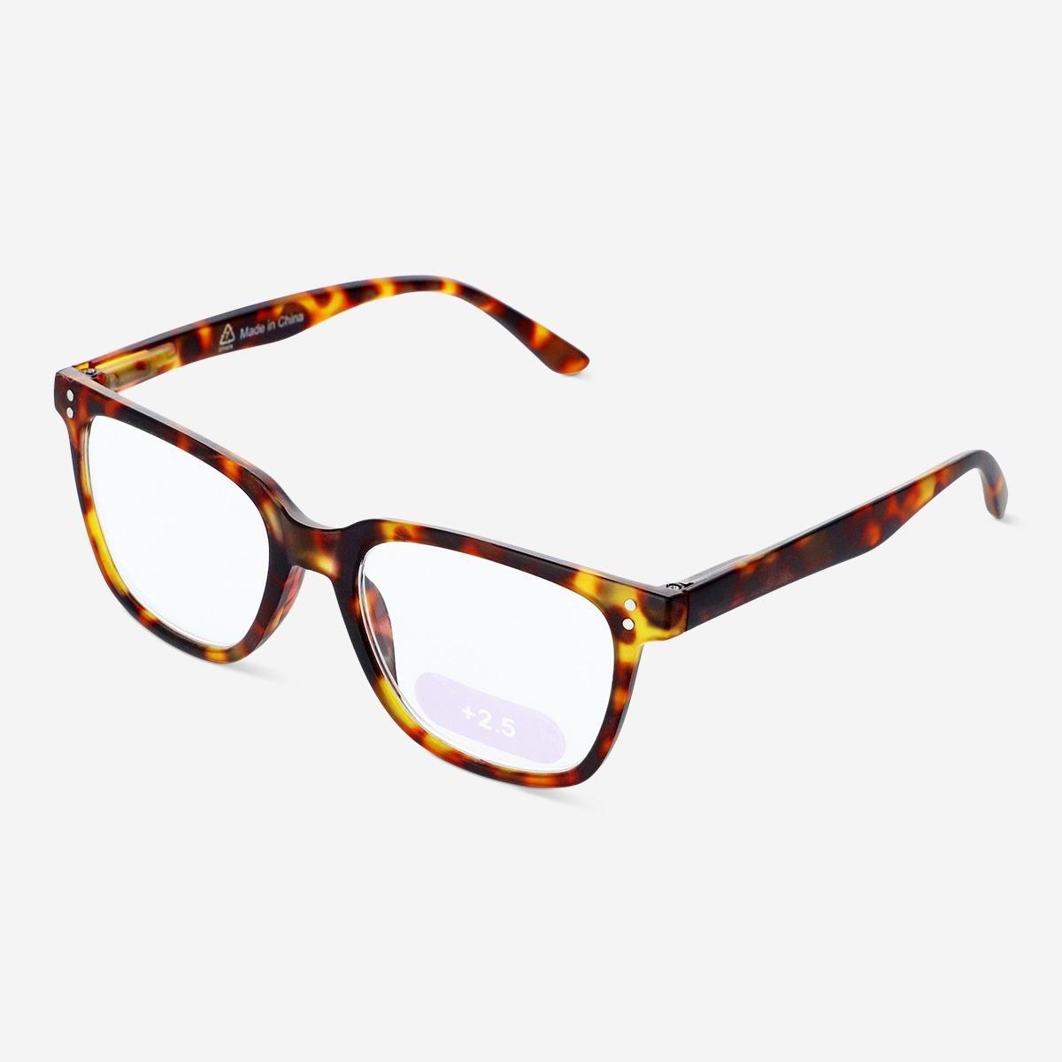 Brown reading glasses. +2.5