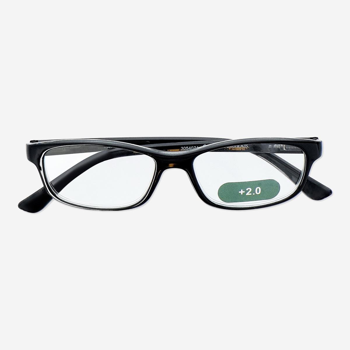 Black reading glasses. +2