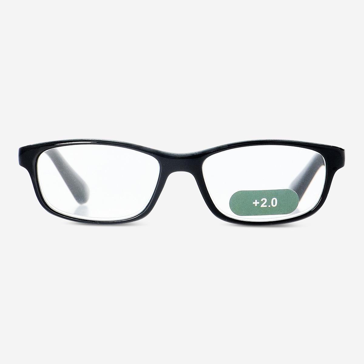 Black reading glasses. +2