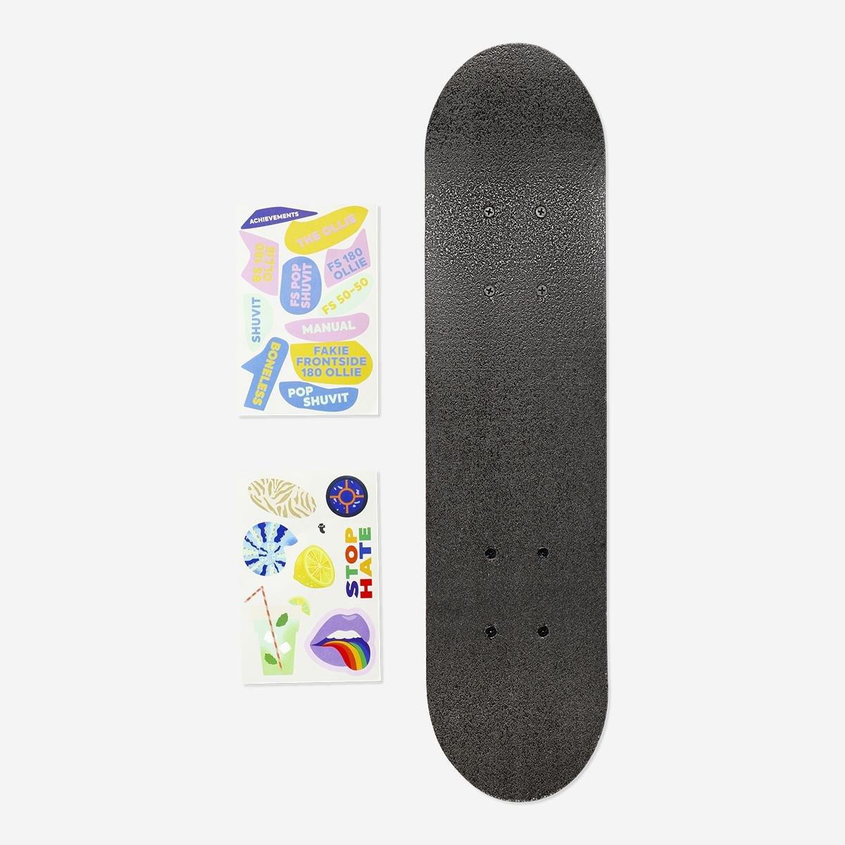 Multicolour skateboard with stickers