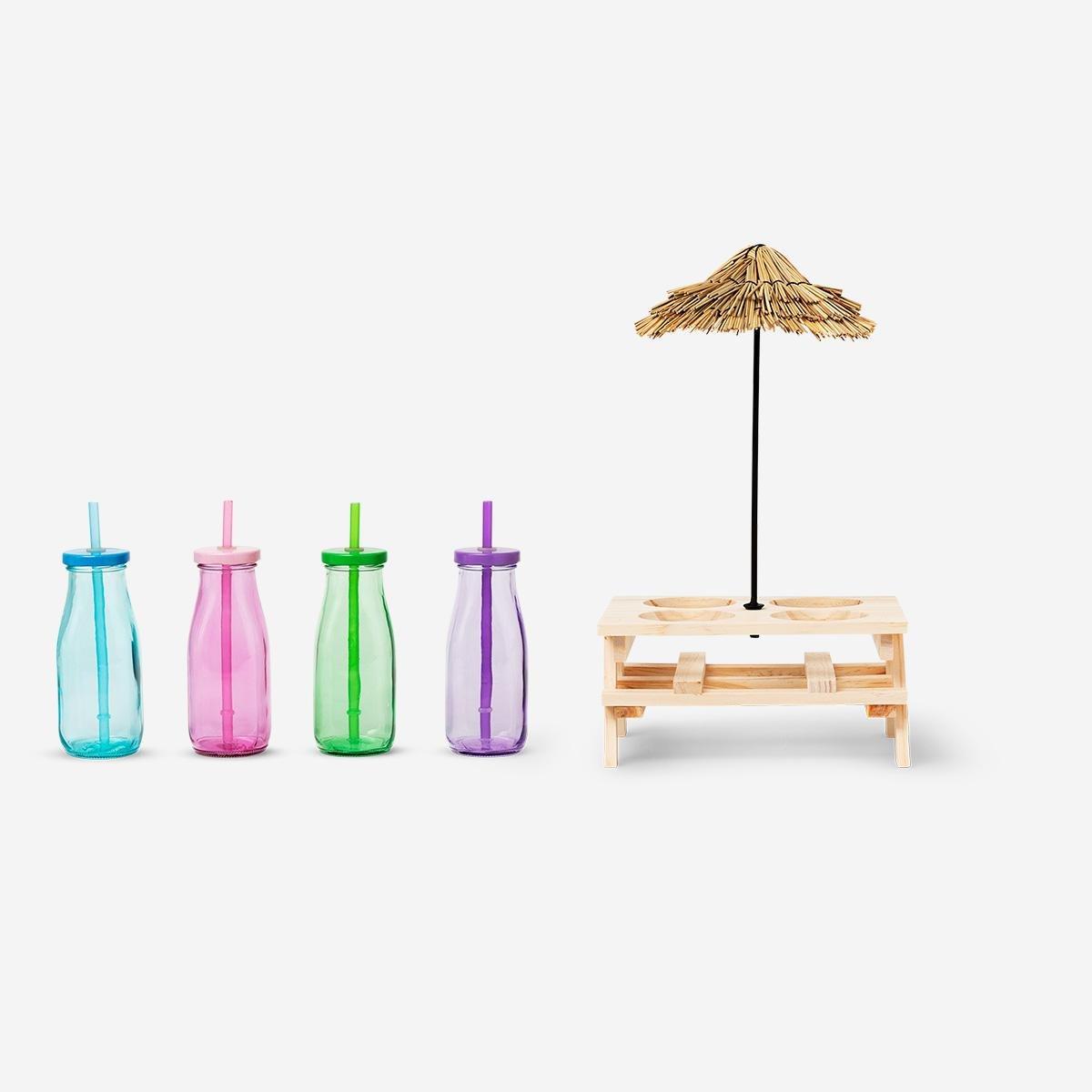 Multicolour drinking bottles with decorative stand. 4 pcs