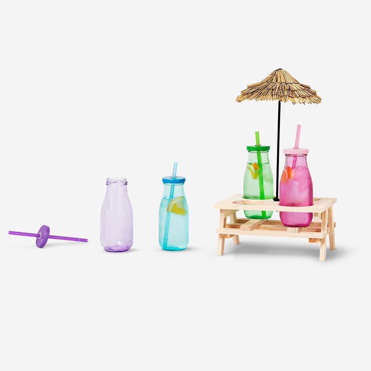 Multicolour drinking bottles with decorative stand. 4 pcs