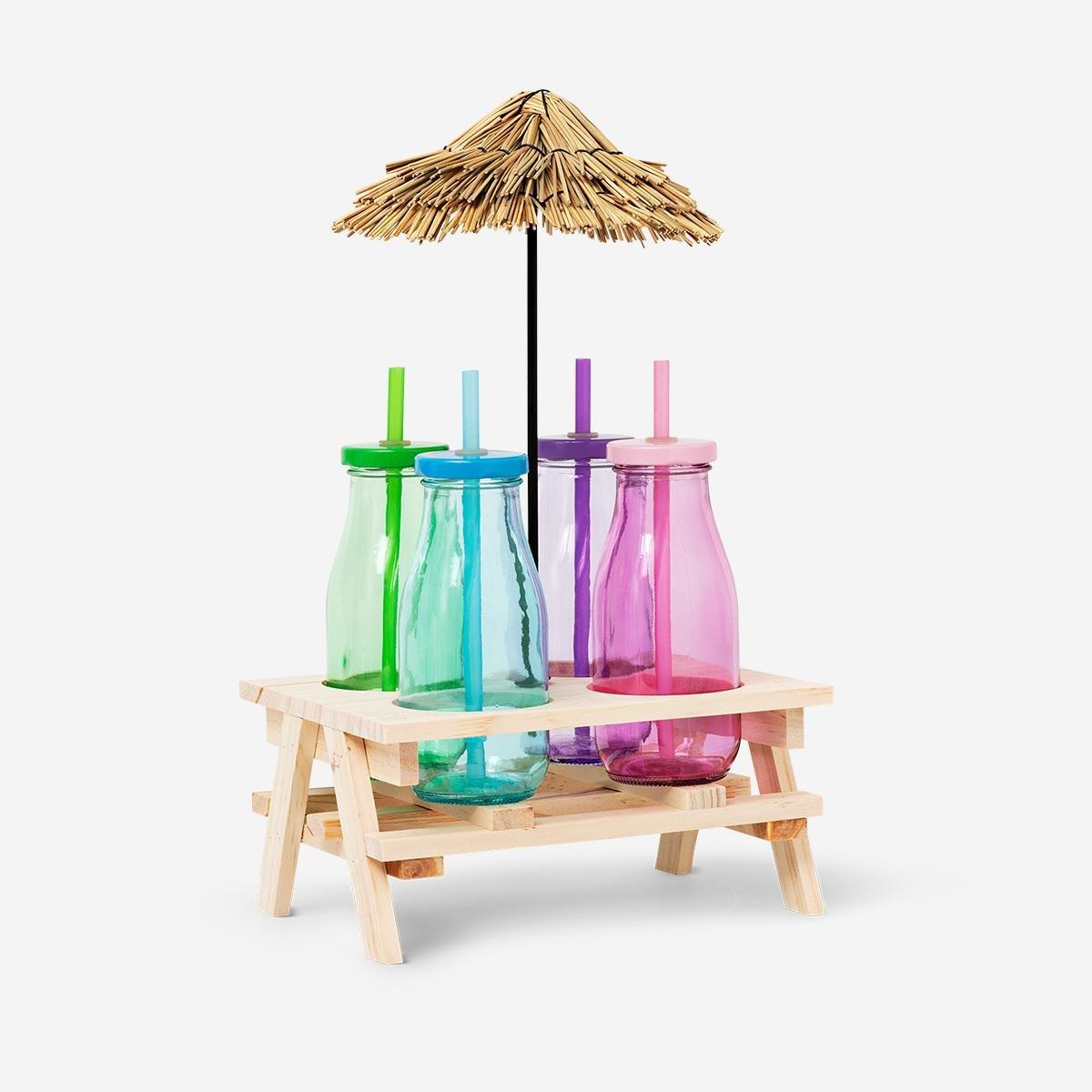 Multicolour drinking bottles with decorative stand. 4 pcs