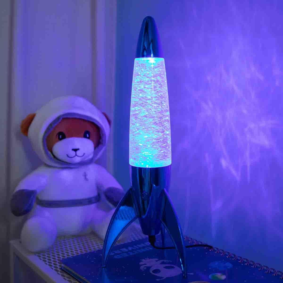 Blue rocket with swirling glitter cosy lamp