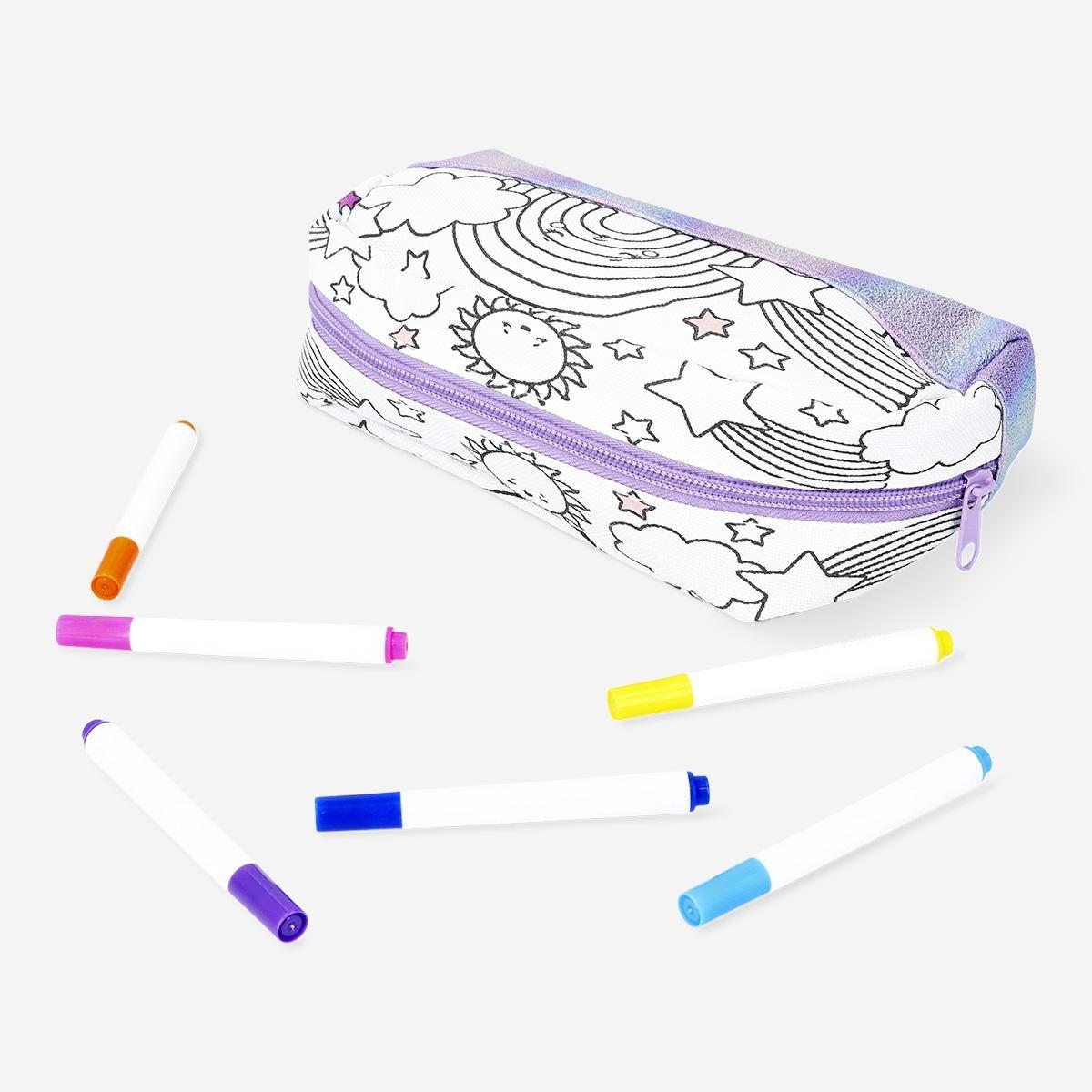 Multicolour colour-your-own pencil case with 6 markers
