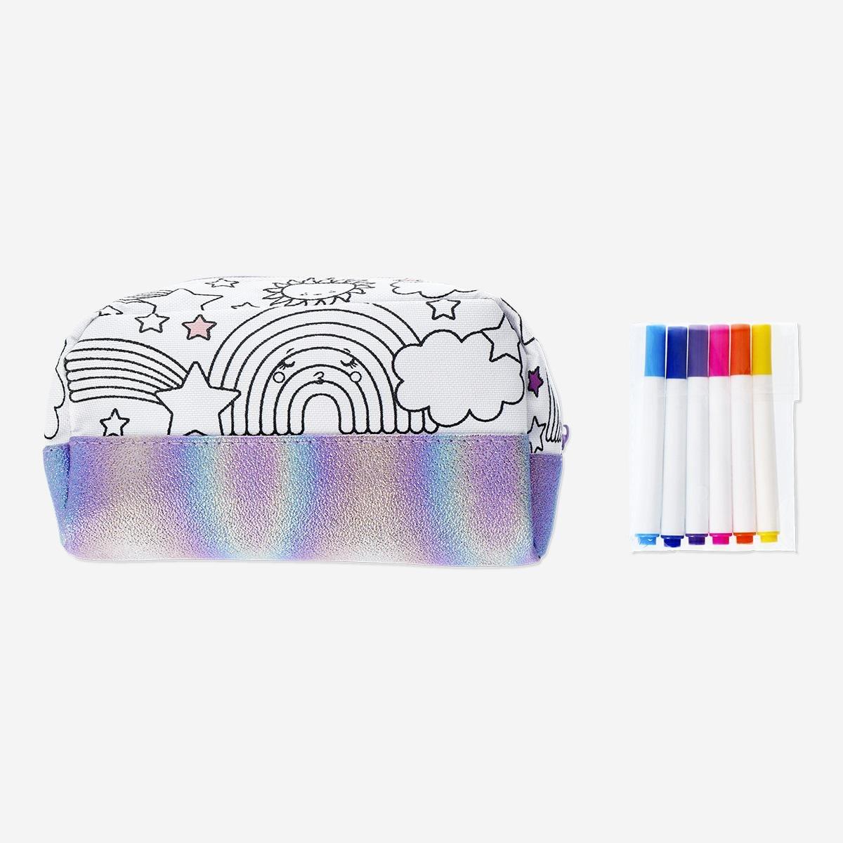 Multicolour colour-your-own pencil case with 6 markers