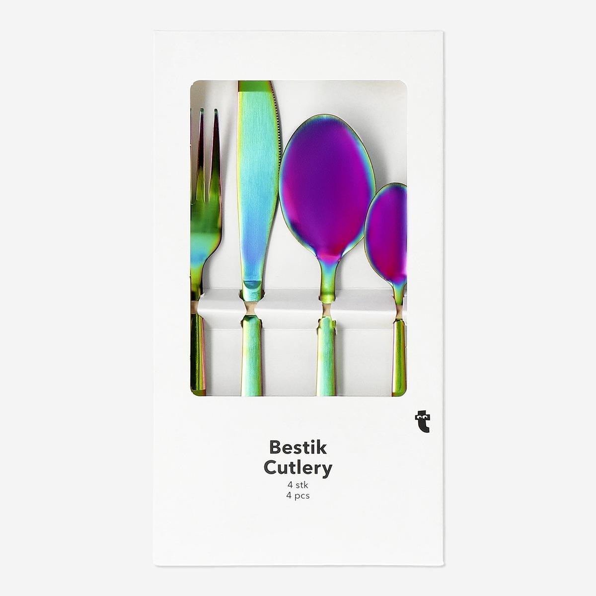 Multicolour stainless cutlery set. 4 pcs