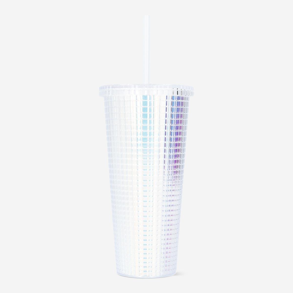 White Straw Iridescent Cup With Lid