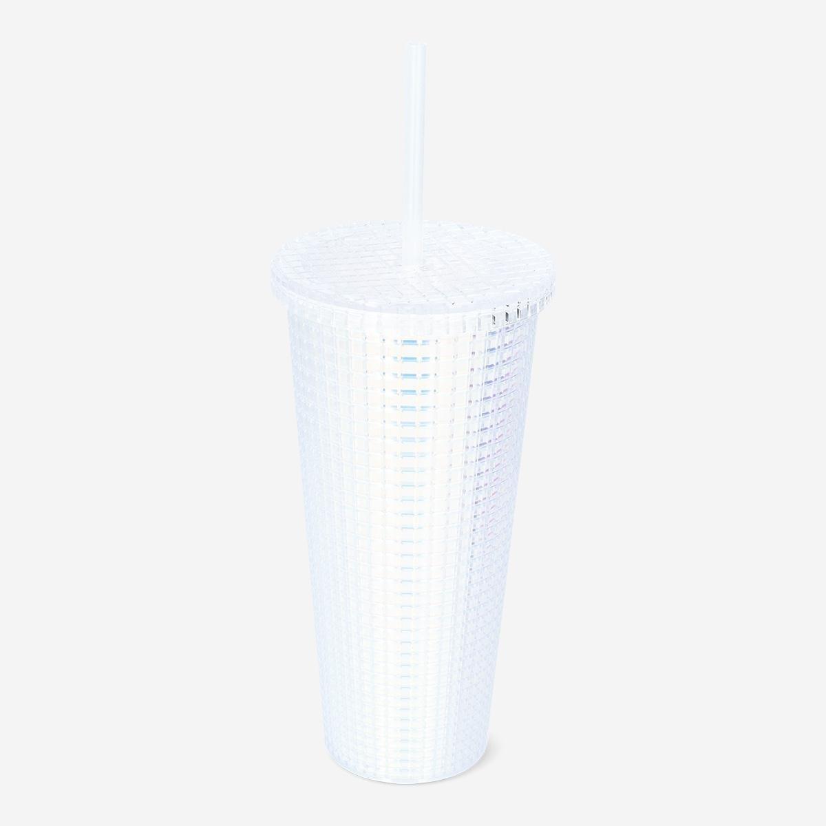 White Straw Iridescent Cup With Lid