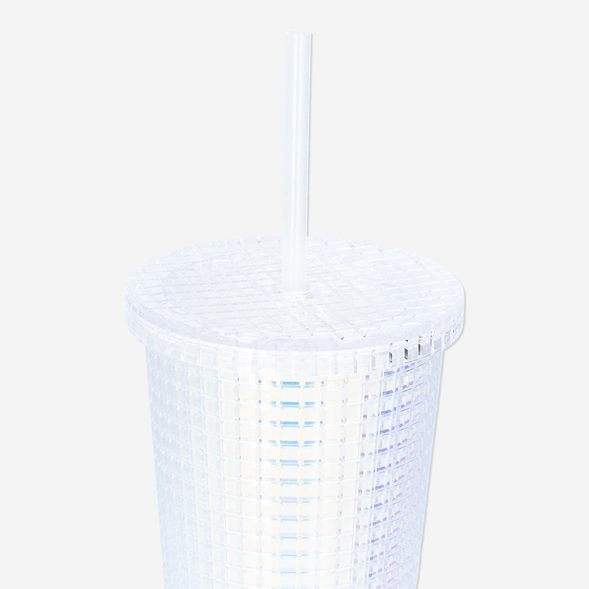 White Straw Iridescent Cup With Lid