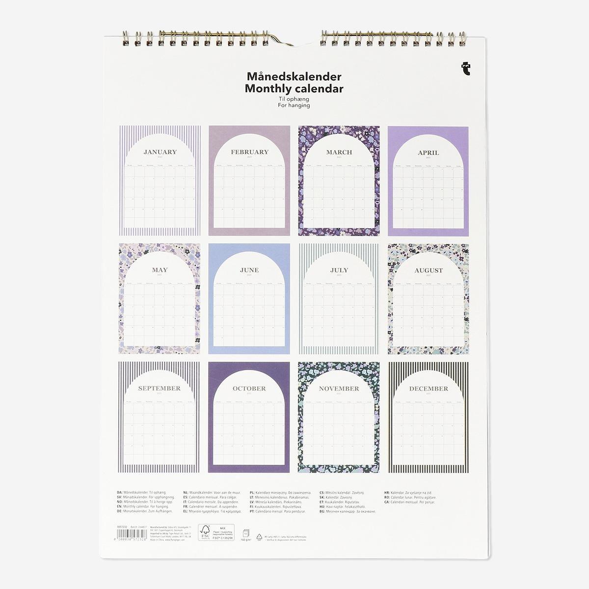 Multicolour floral monthly wall planner - English