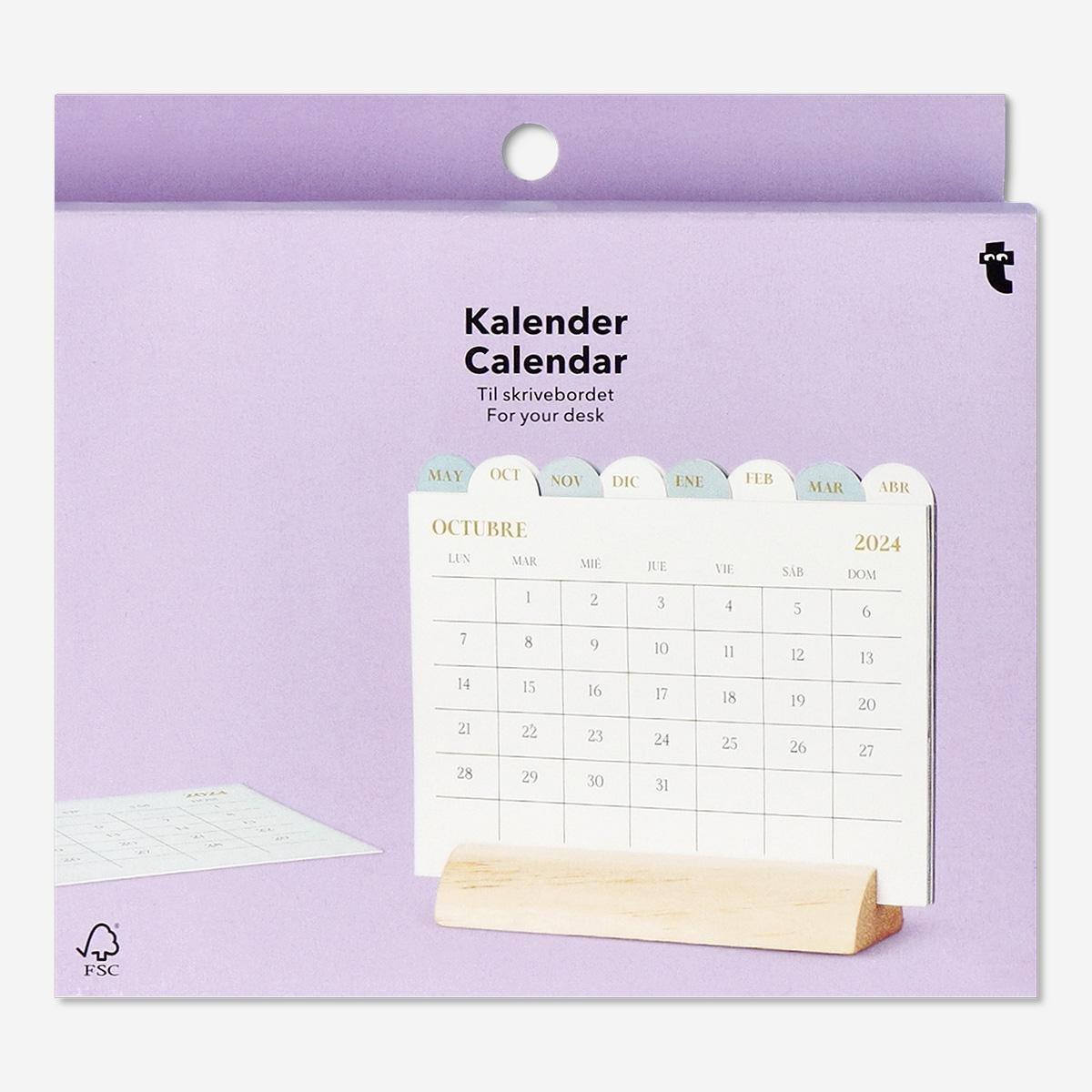 White wooden holder desk calendar - English