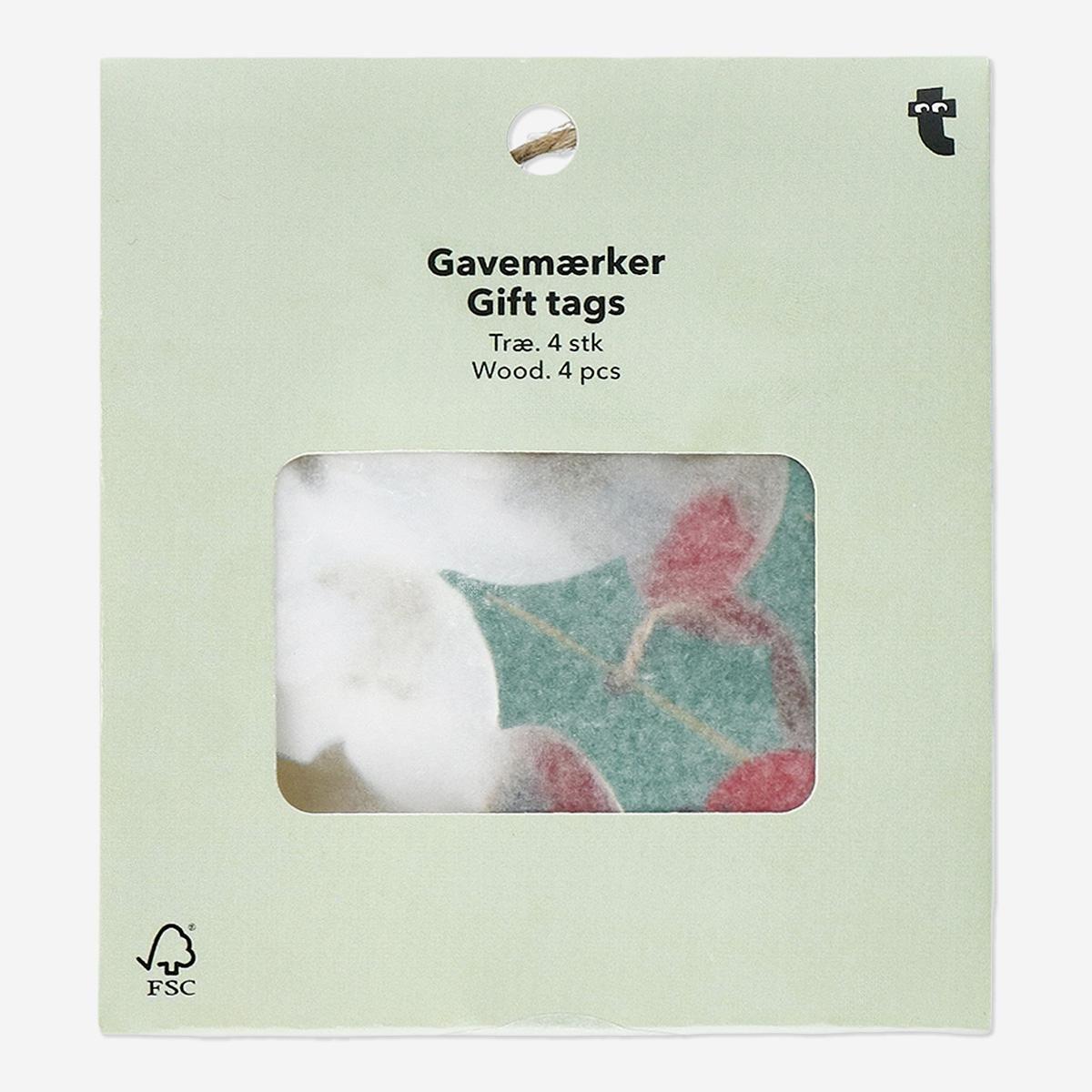 Multicolour gift tags with holly print - 4 pcs