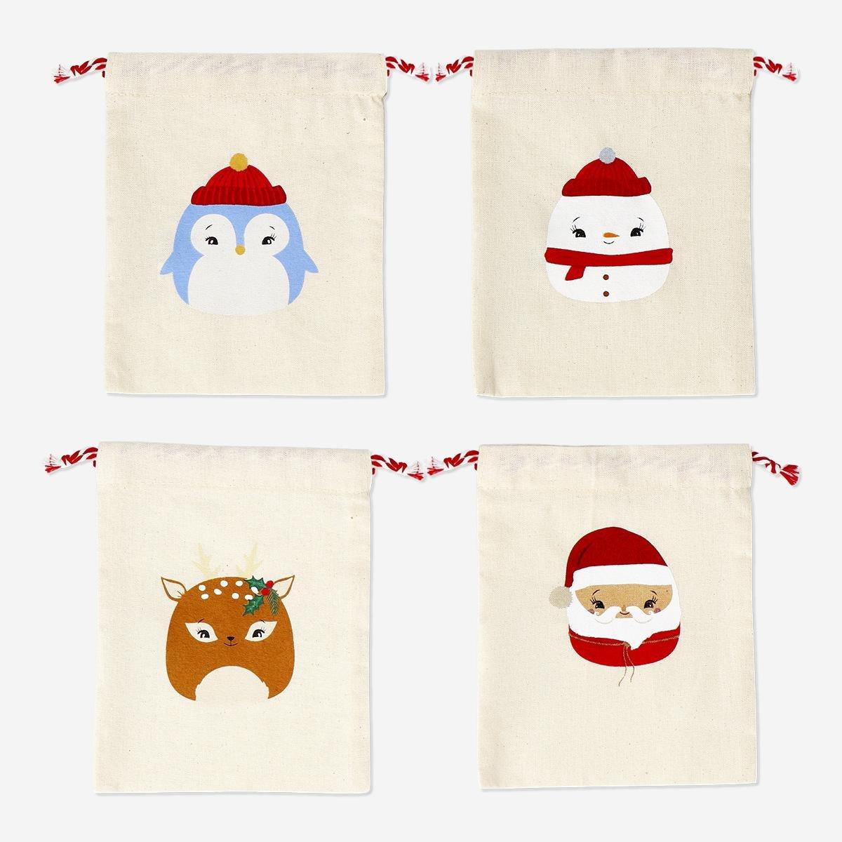 Multicolour reusable cotton gift bags with christmas motifs - 4 pcs
