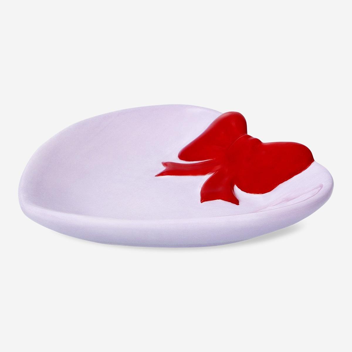 Multicolour heart shaped trinket tray with red bow