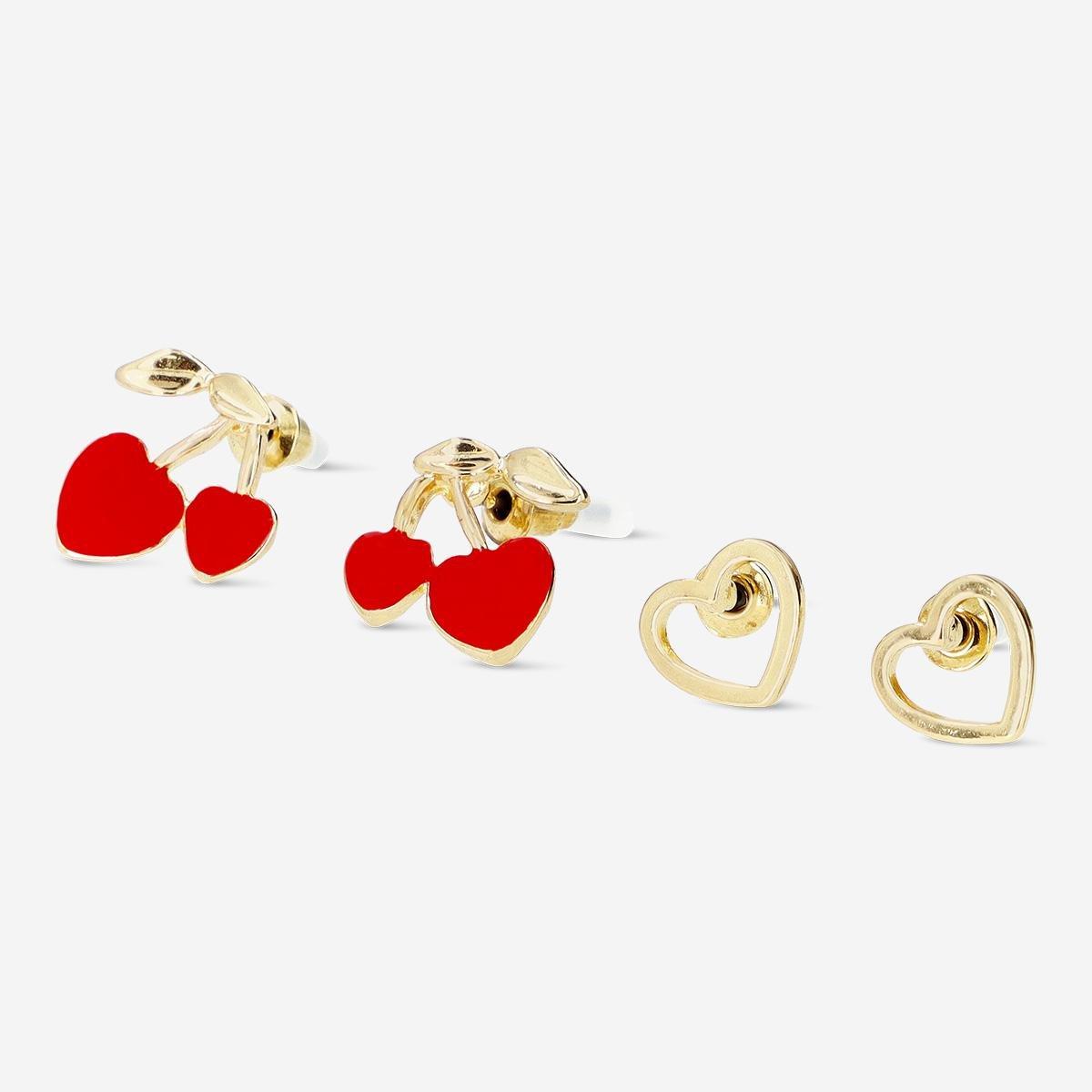 Multicolour set of cherry and heart ear studs - 2 pcs