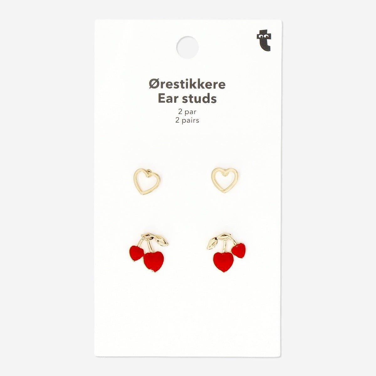 Multicolour set of cherry and heart ear studs - 2 pcs