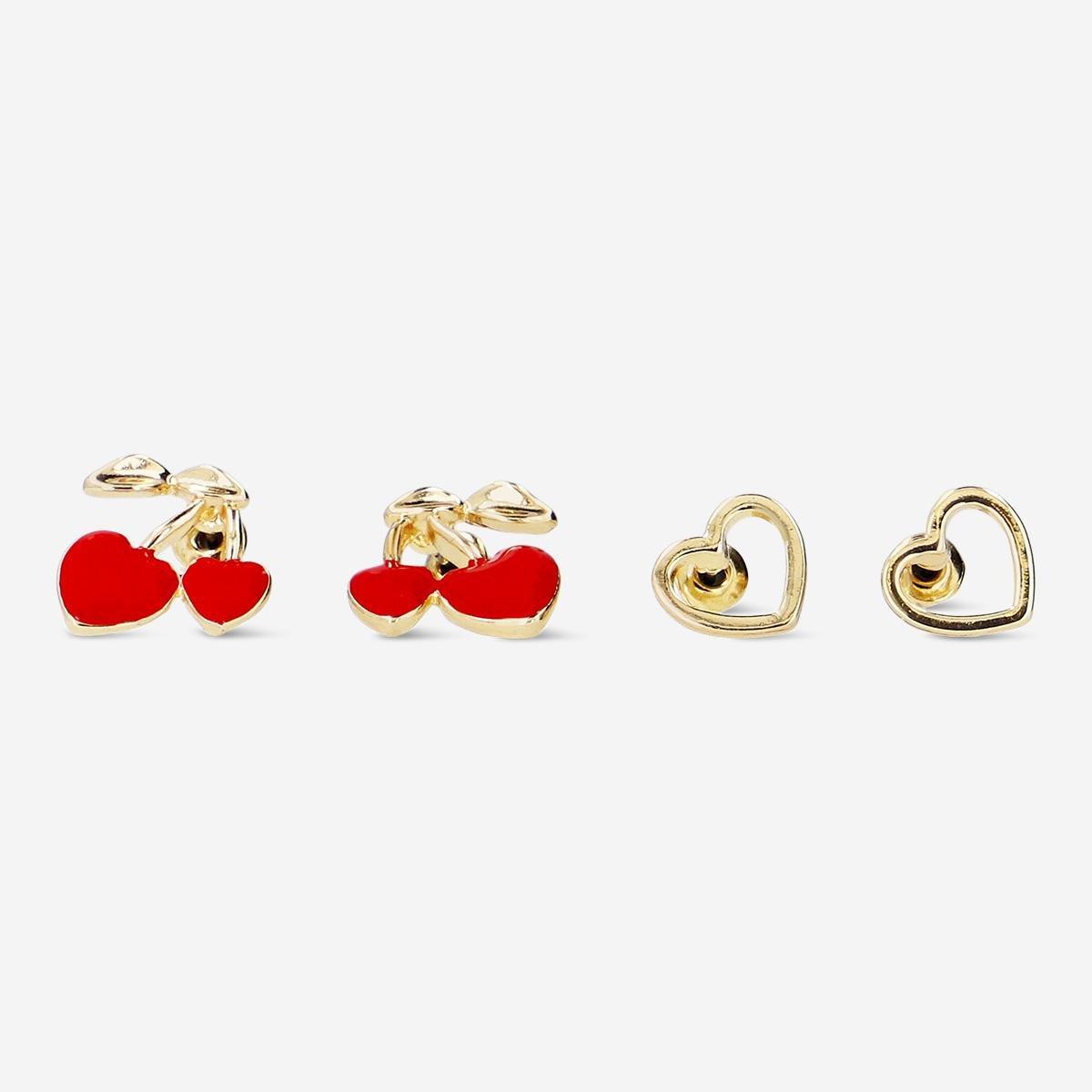 Multicolour set of cherry and heart ear studs - 2 pcs