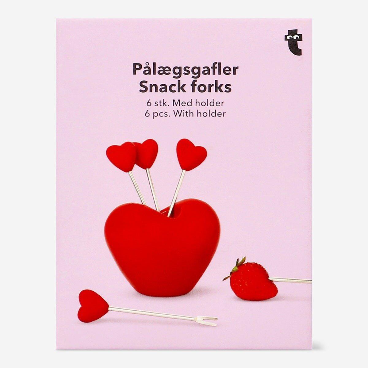 Red snack forks in heart shaped holder - 6 pcs