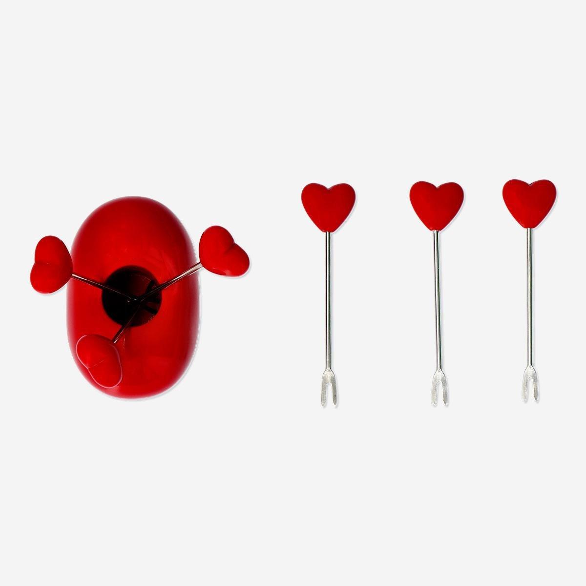 Red snack forks in heart shaped holder - 6 pcs