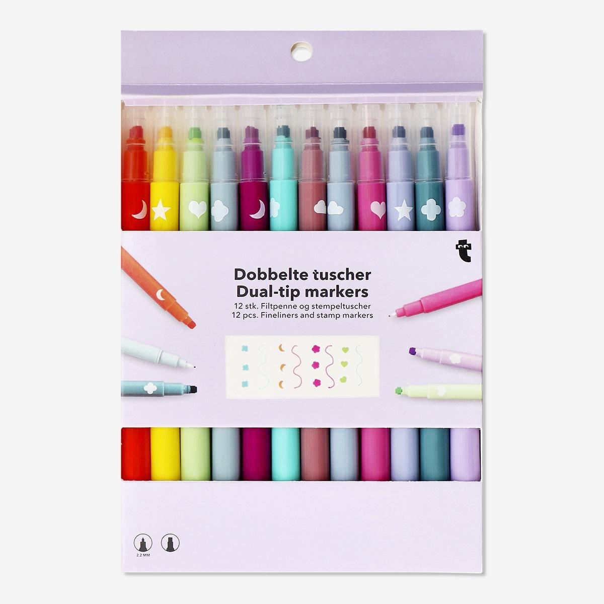 Multicolour fine liners and stamps dual-tip markers - 12 pcs