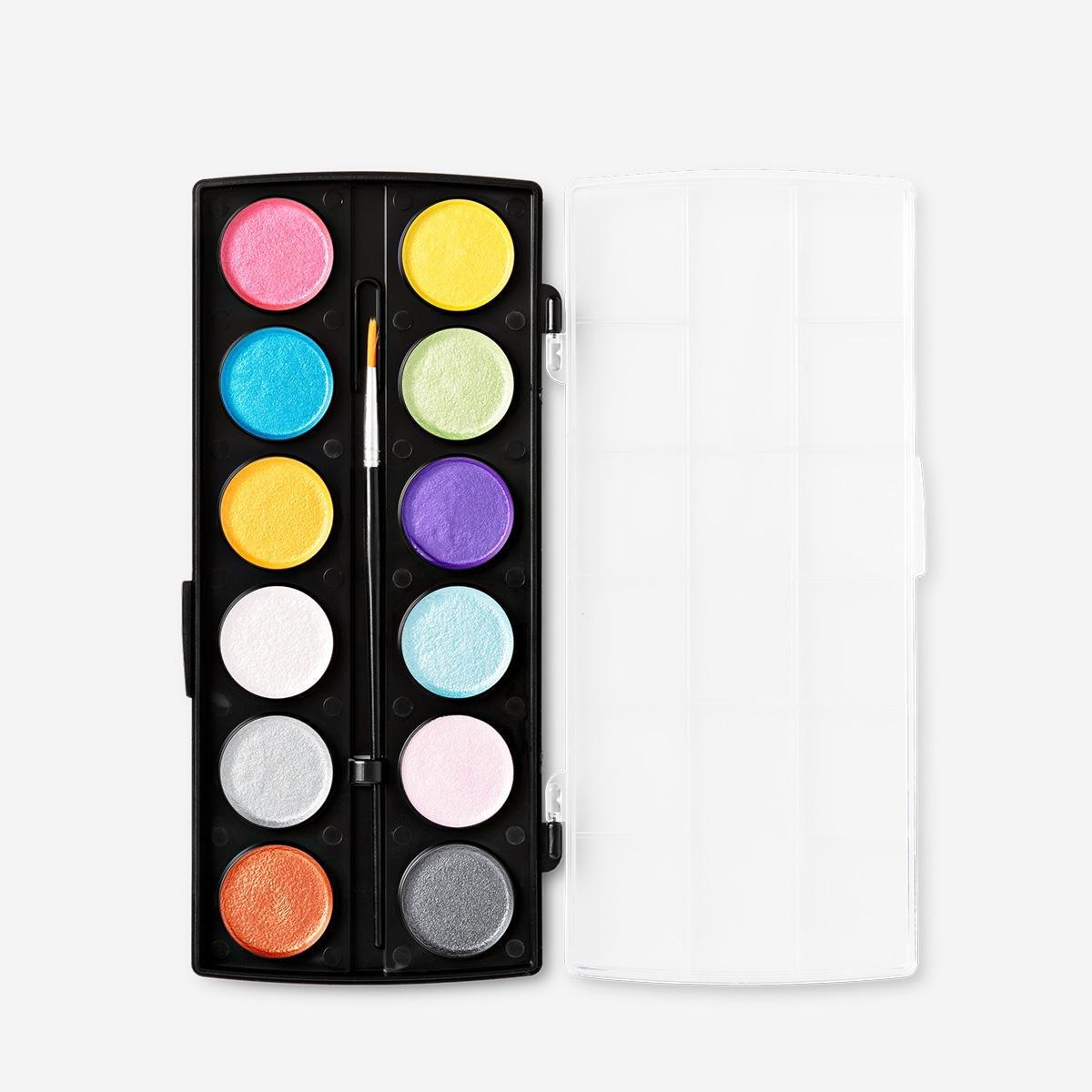 Multicolour metallic watercolours with brush - 12 colours