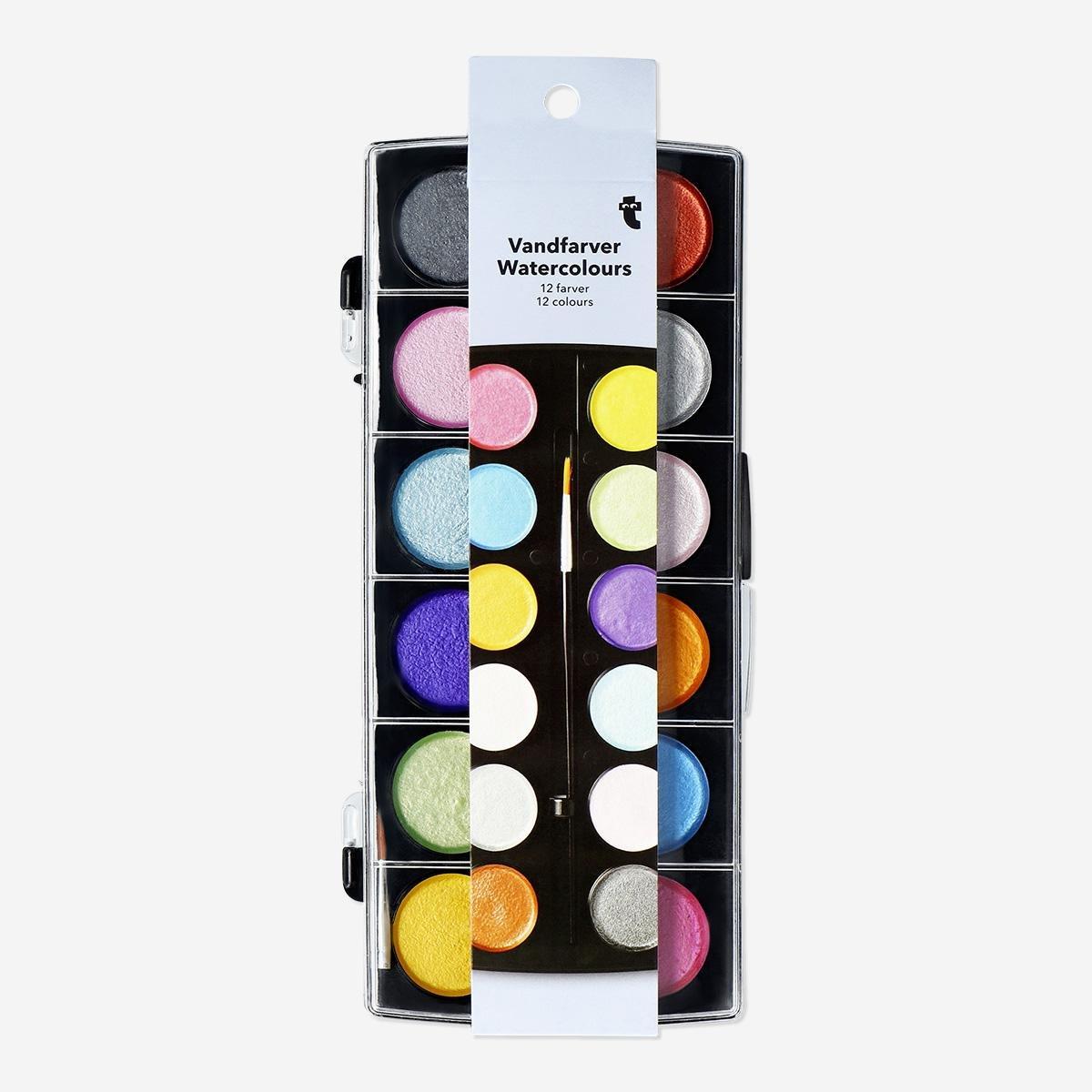 Multicolour metallic watercolours with brush - 12 colours