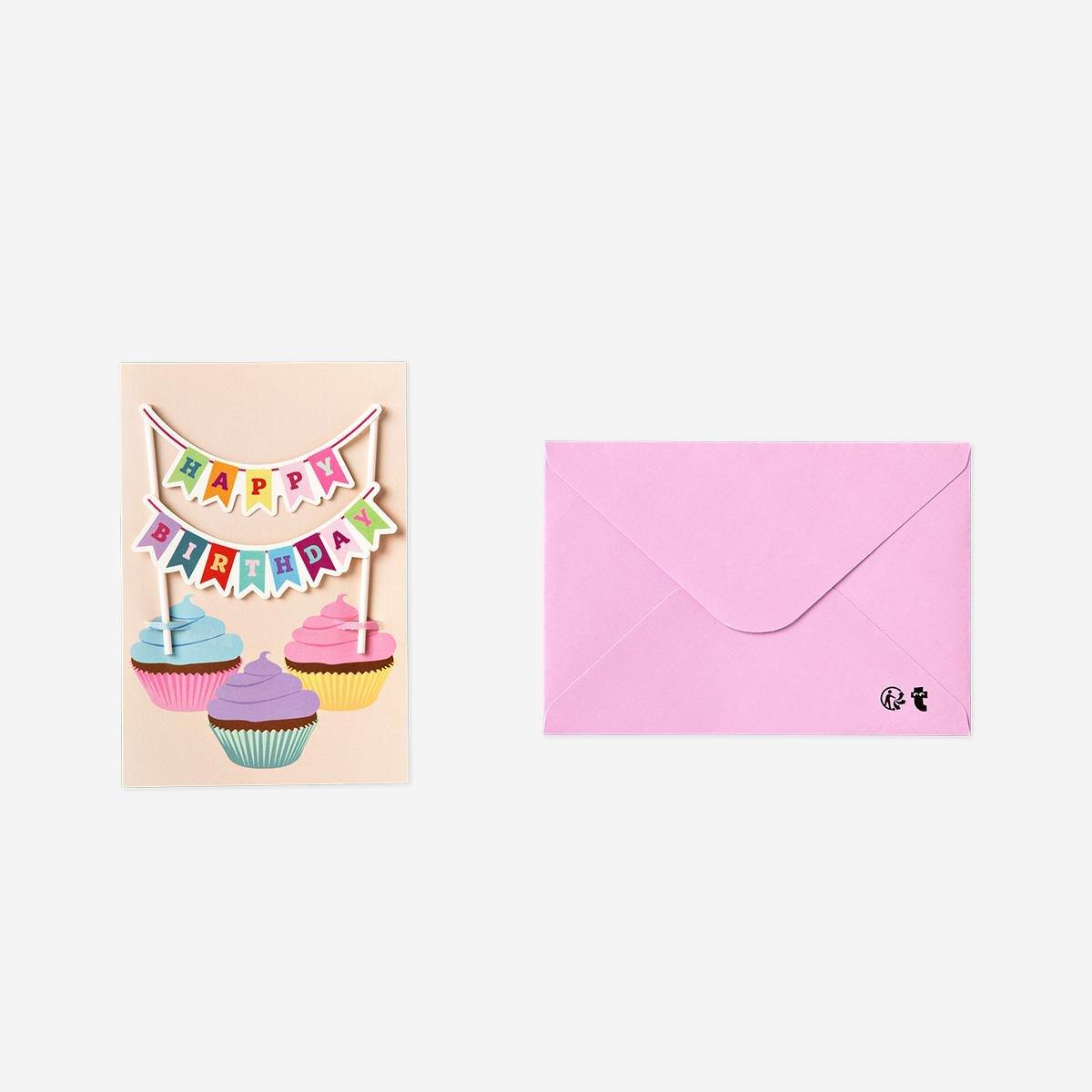 Multicolour Birthday Cup Cakes Card With Envelope