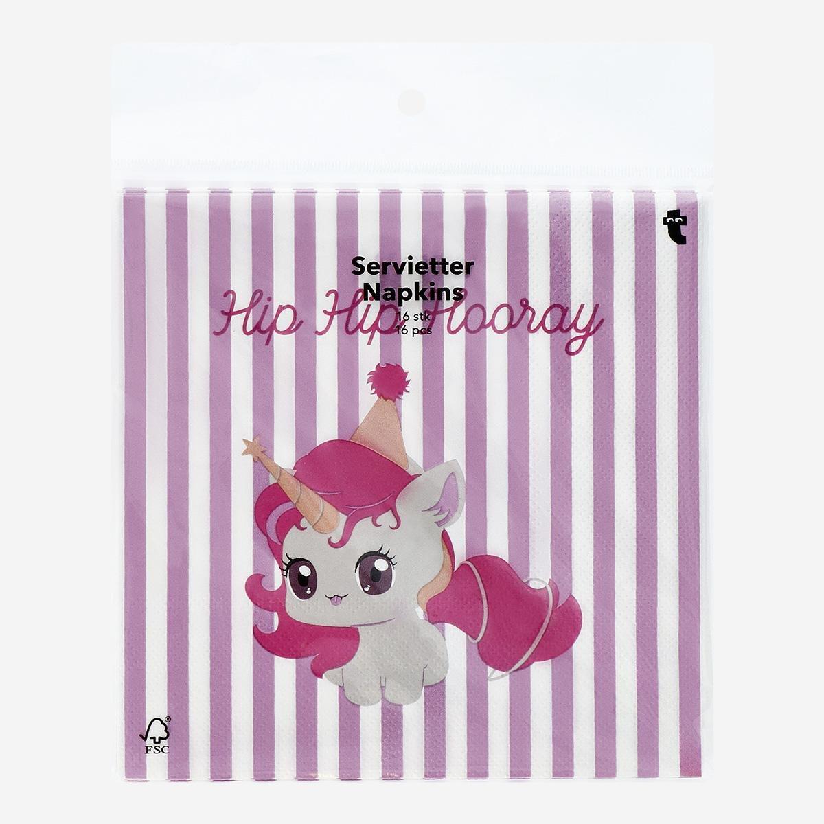 Pink Napkins With Birthday Unicorns - 16 Pcs