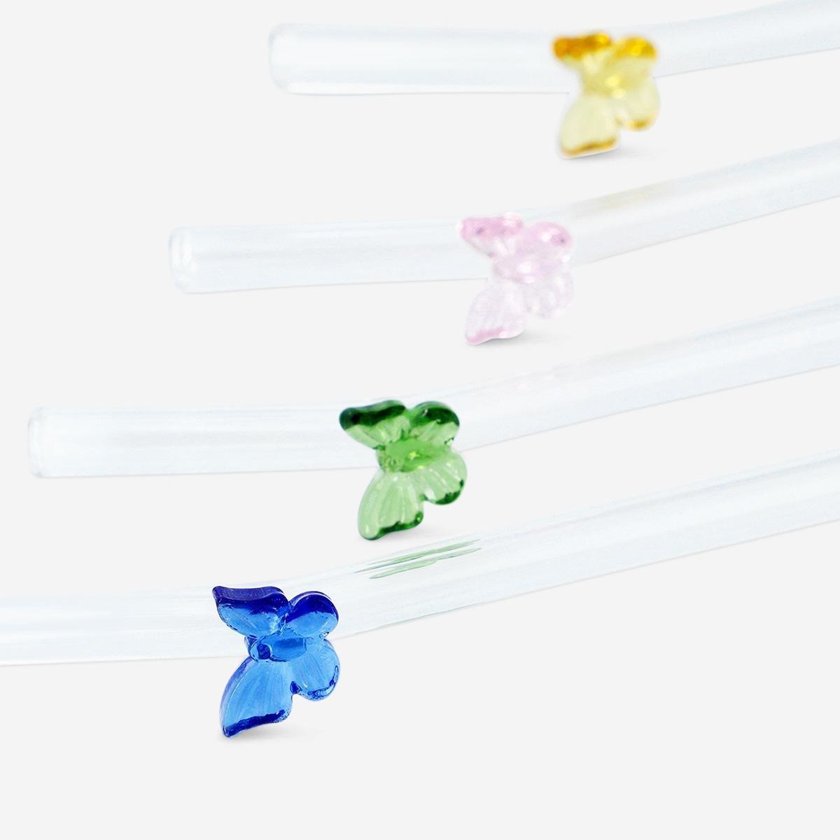 Multicolour Glass Straws With Butterflies - 4 Pcs