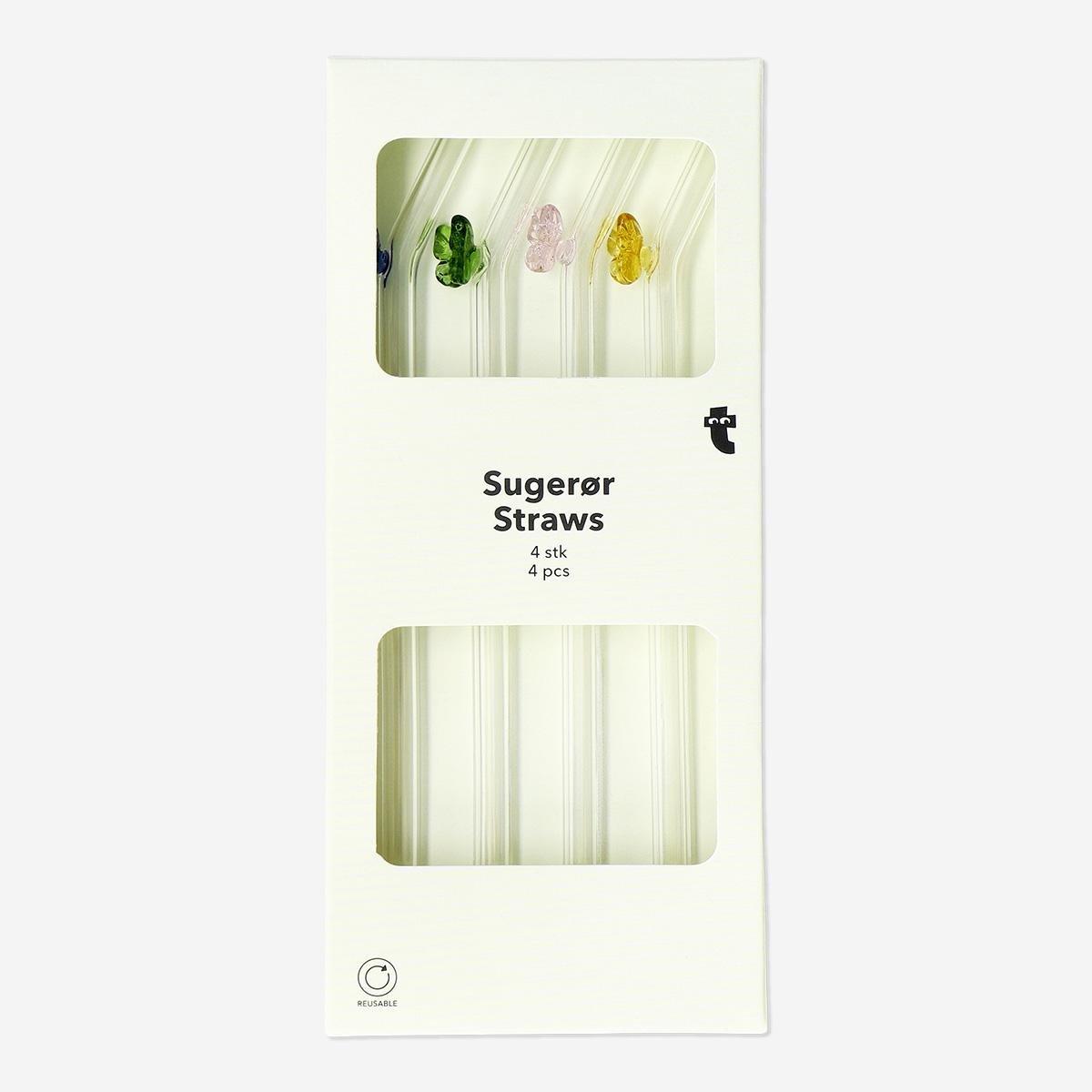 Multicolour Glass Straws With Butterflies - 4 Pcs